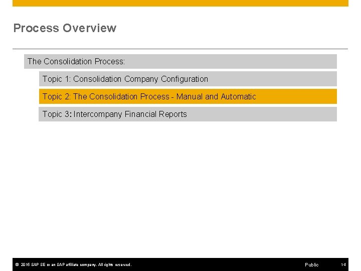 Process Overview The Consolidation Process: Topic 1: Consolidation Company Configuration Topic 2: The Consolidation Process Overview The Consolidation Process: Topic 1: Consolidation Company Configuration Topic 2: The Consolidation
