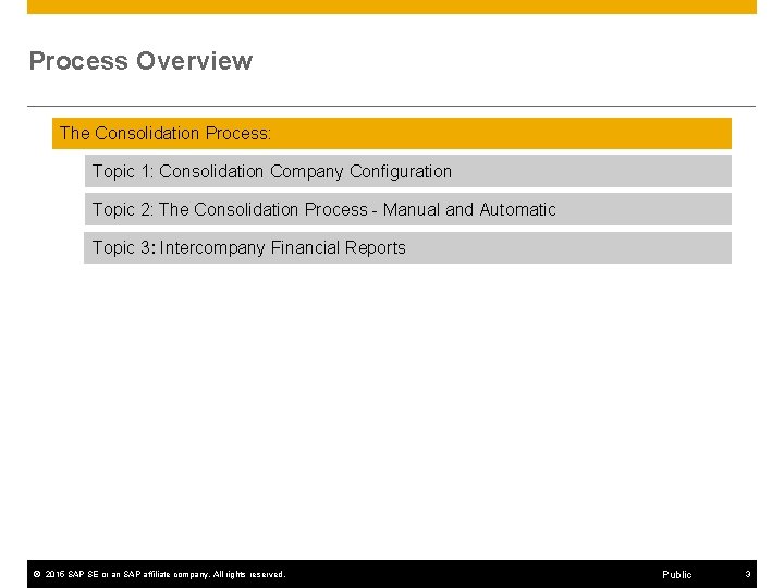 Process Overview The Consolidation Process: Topic 1: Consolidation Company Configuration Topic 2: The Consolidation Process Overview The Consolidation Process: Topic 1: Consolidation Company Configuration Topic 2: The Consolidation