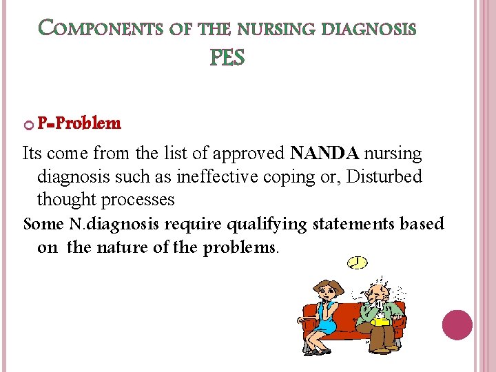 COMPONENTS OF THE NURSING DIAGNOSIS PES P=Problem Its come from the list of approved