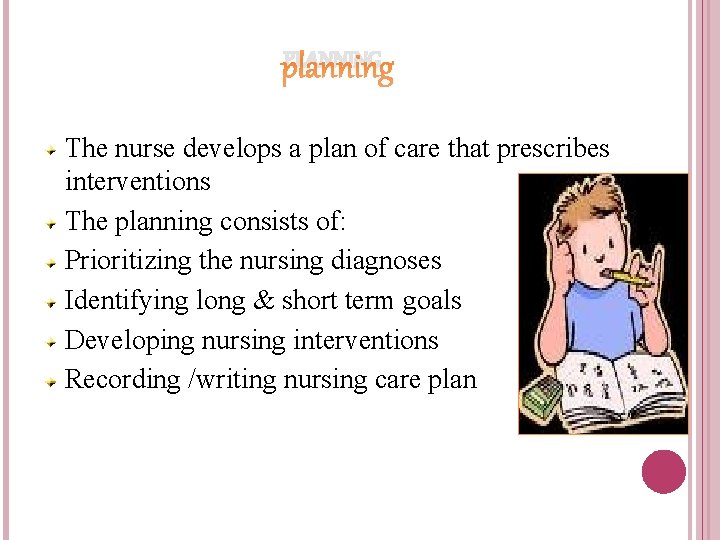 PLANNING The nurse develops a plan of care that prescribes interventions The planning consists