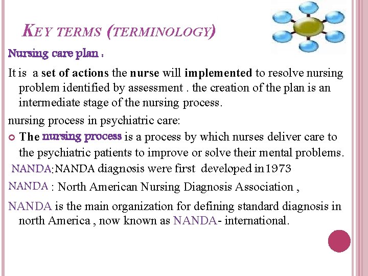 KEY TERMS (TERMINOLOGY) Nursing care plan : It is a set of actions the