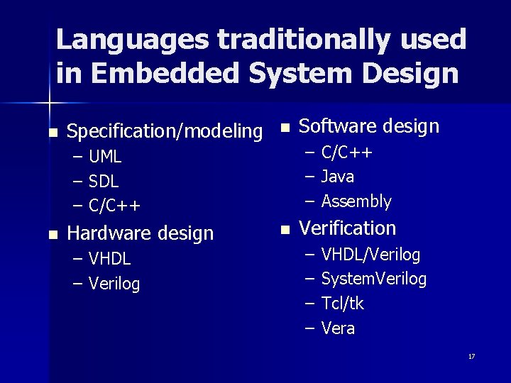 Languages traditionally used in Embedded System Design n Specification/modeling – – – n n