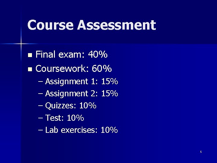 Course Assessment Final exam: 40% n Coursework: 60% n – Assignment 1: 15% –