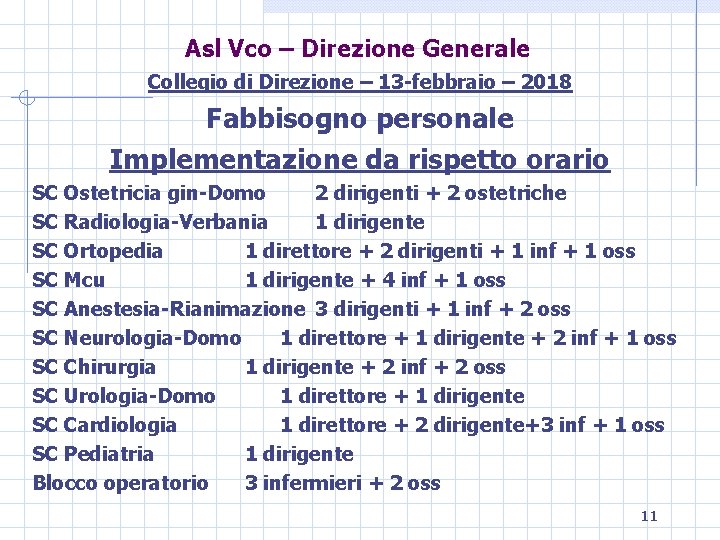 Asl Vco – Direzione Generale Collegio di Direzione – 13 -febbraio – 2018 Fabbisogno