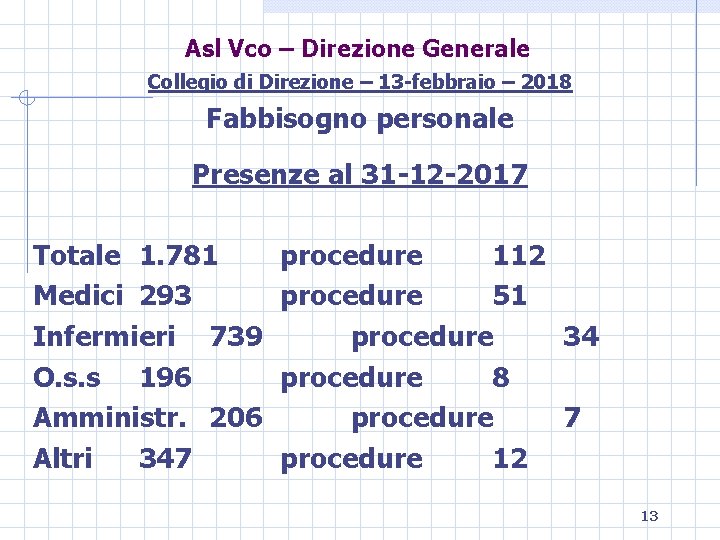 Asl Vco – Direzione Generale Collegio di Direzione – 13 -febbraio – 2018 Fabbisogno