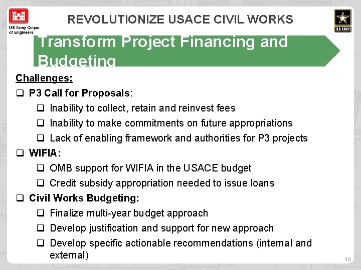 REVOLUTIONIZE USACE CIVIL WORKS Transform Project Financing and Budgeting Challenges: q P 3 Call