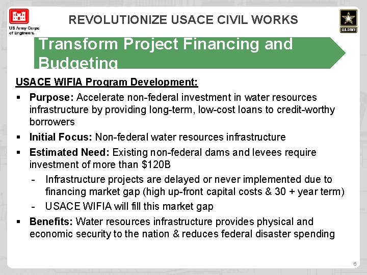 REVOLUTIONIZE USACE CIVIL WORKS Transform Project Financing and Budgeting USACE WIFIA Program Development: §