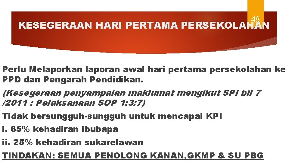 48 KESEGERAAN HARI PERTAMA PERSEKOLAHAN Perlu Melaporkan laporan awal hari pertama persekolahan ke PPD