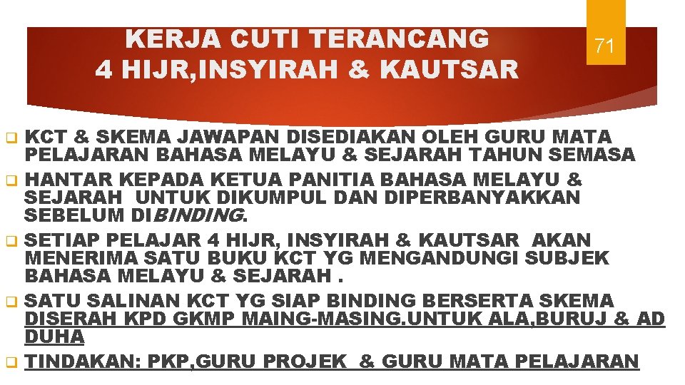 KERJA CUTI TERANCANG 4 HIJR, INSYIRAH & KAUTSAR q q q 71 KCT &