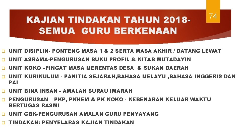 KAJIAN TINDAKAN TAHUN 2018 SEMUA GURU BERKENAAN 74 q UNIT DISIPLIN- PONTENG MASA 1