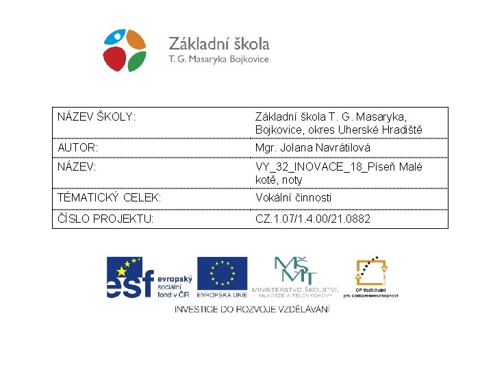 NÁZEV ŠKOLY: Základní škola T. G. Masaryka, Bojkovice, okres Uherské Hradiště AUTOR: Mgr. Jolana