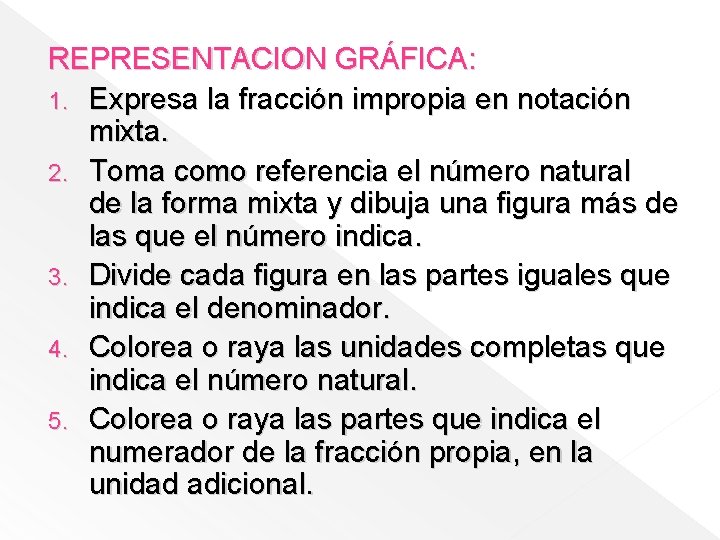 REPRESENTACION GRÁFICA: 1. Expresa la fracción impropia en notación mixta. 2. Toma como referencia