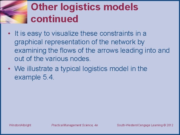 Other logistics models continued • It is easy to visualize these constraints in a