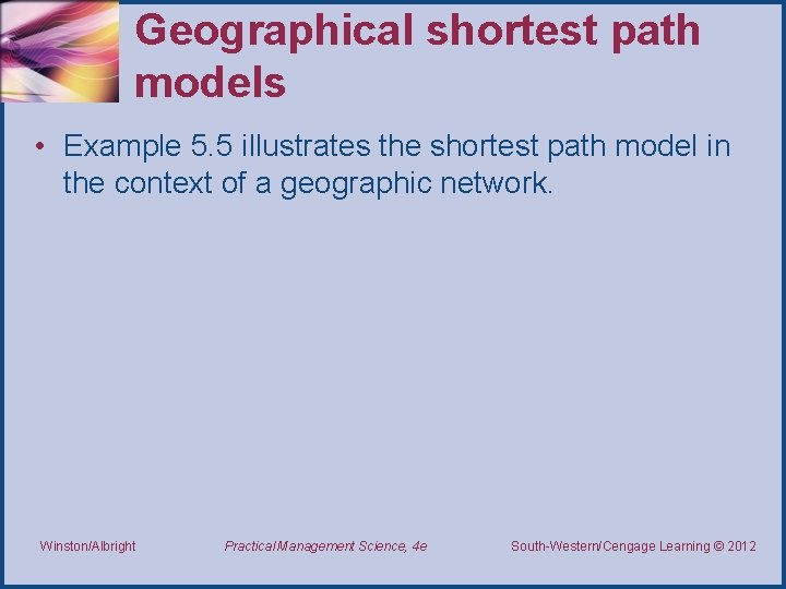 Geographical shortest path models • Example 5. 5 illustrates the shortest path model in