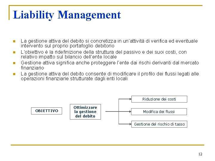 Liability Management n n La gestione attiva del debito si concretizza in un’attività di