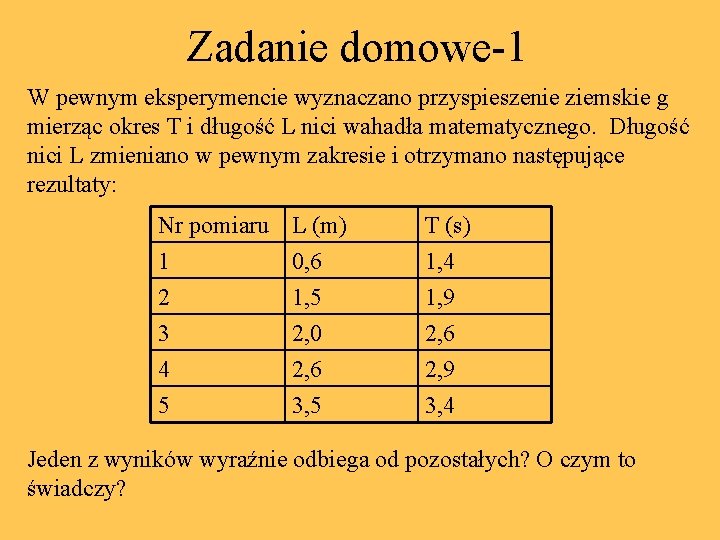 Zadanie domowe-1 W pewnym eksperymencie wyznaczano przyspieszenie ziemskie g mierząc okres T i długość