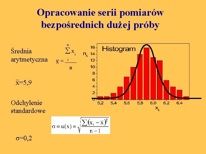 Opracowanie serii pomiarów bezpośrednich dużej próby n Średnia arytmetyczna x=5, 9 Odchylenie standardowe σ=0,