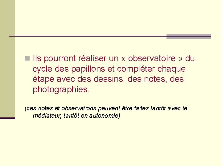 n Ils pourront réaliser un « observatoire » du cycle des papillons et compléter