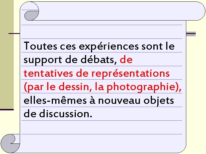 Toutes ces expériences sont le support de débats, de tentatives de représentations (par le