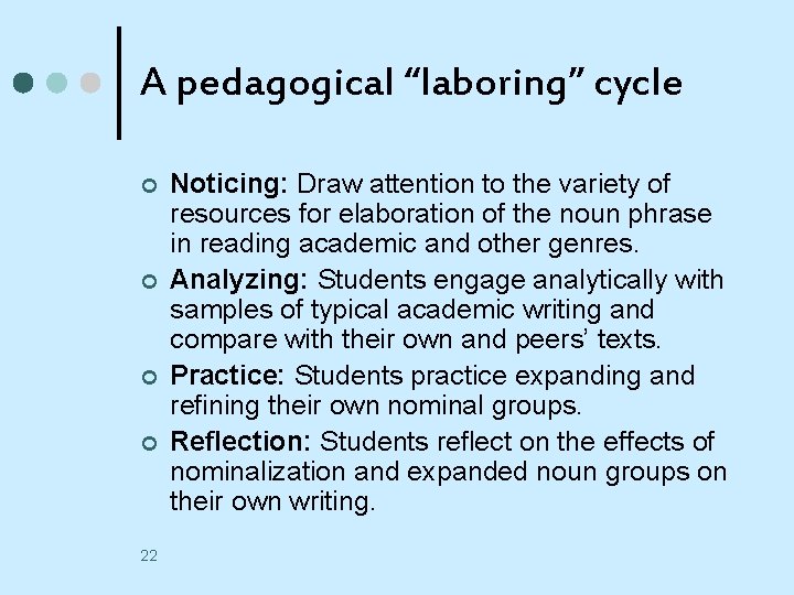 A pedagogical “laboring” cycle ¢ ¢ 22 Noticing: Draw attention to the variety of