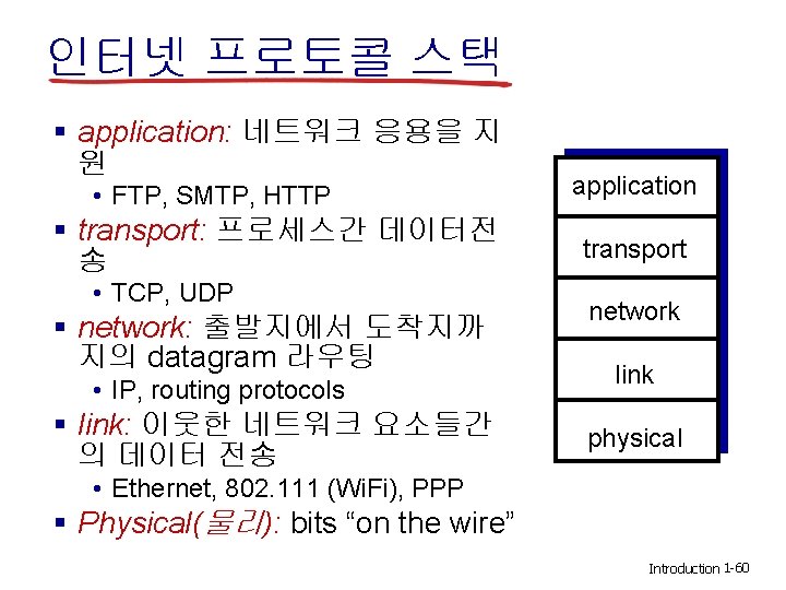 인터넷 프로토콜 스택 § application: 네트워크 응용을 지 원 • FTP, SMTP, HTTP §