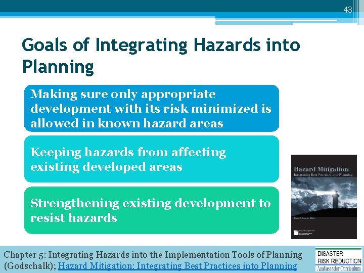 43 Goals of Integrating Hazards into Planning Making sure only appropriate development with its