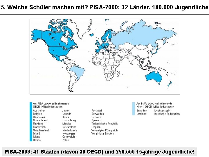 5. Welche Schüler machen mit? PISA-2000: 32 Länder, 180. 000 Jugendliche PISA-2003: 41 Staaten