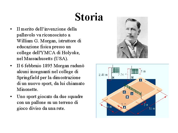 Storia • Il merito dell’invenzione della pallavolo va riconosciuto a William G. Morgan, istruttore Storia • Il merito dell’invenzione della pallavolo va riconosciuto a William G. Morgan, istruttore
