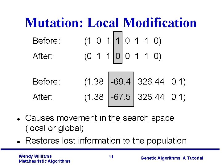 Mutation: Local Modification l l Before: (1 0 1 1 0) After: (0 1