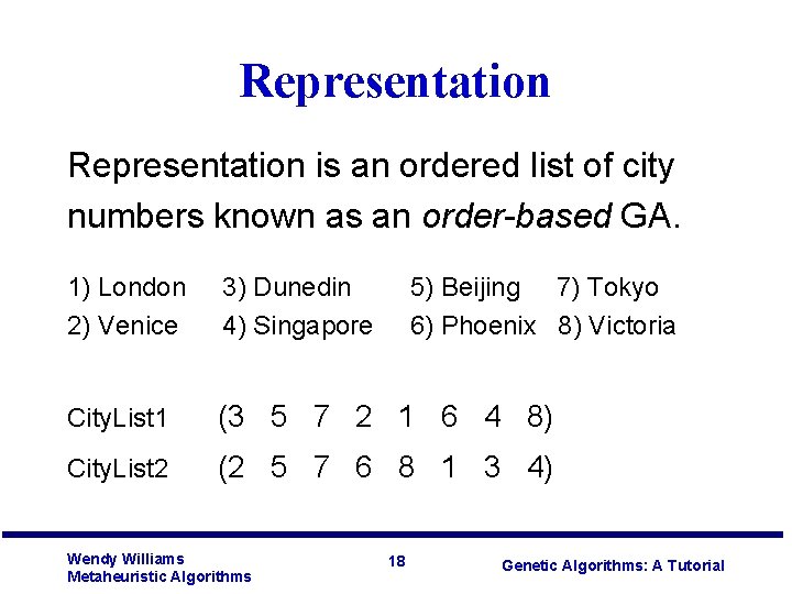 Representation is an ordered list of city numbers known as an order-based GA. 1)