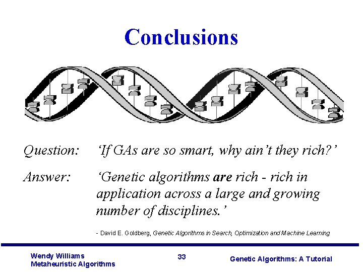 Conclusions Question: ‘If GAs are so smart, why ain’t they rich? ’ Answer: ‘Genetic