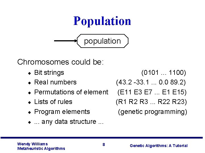 Population population Chromosomes could be: ¨ ¨ ¨ Bit strings Real numbers Permutations of