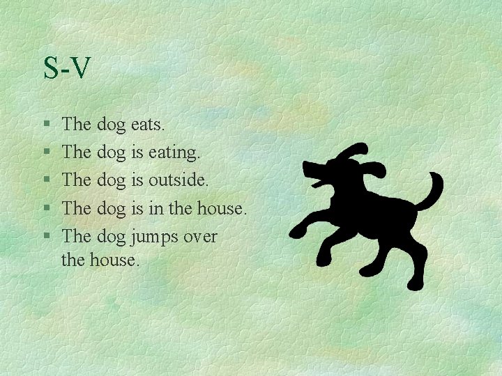 S-V § § § The dog eats. The dog is eating. The dog is