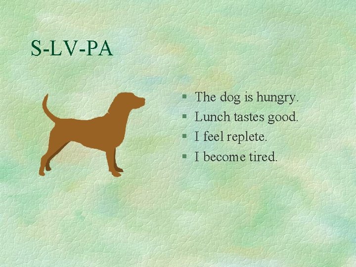S-LV-PA § § The dog is hungry. Lunch tastes good. I feel replete. I