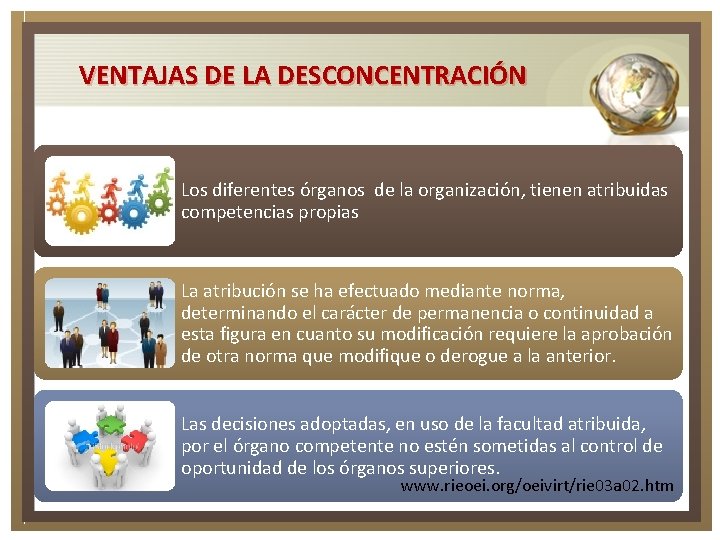 VENTAJAS DE LA DESCONCENTRACIÓN Los diferentes órganos de la organización, tienen atribuidas competencias propias