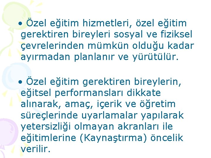  • Özel eğitim hizmetleri, özel eğitim gerektiren bireyleri sosyal ve fiziksel çevrelerinden mümkün