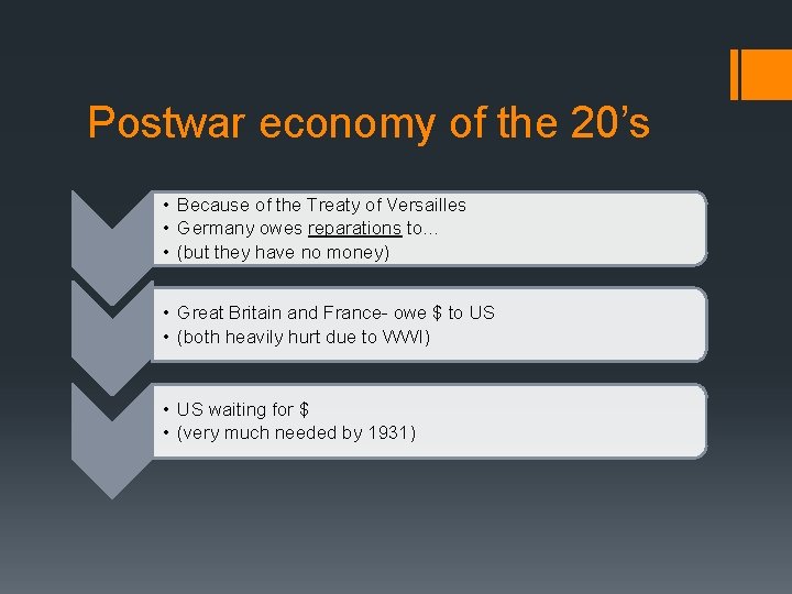 Postwar economy of the 20’s • Because of the Treaty of Versailles • Germany
