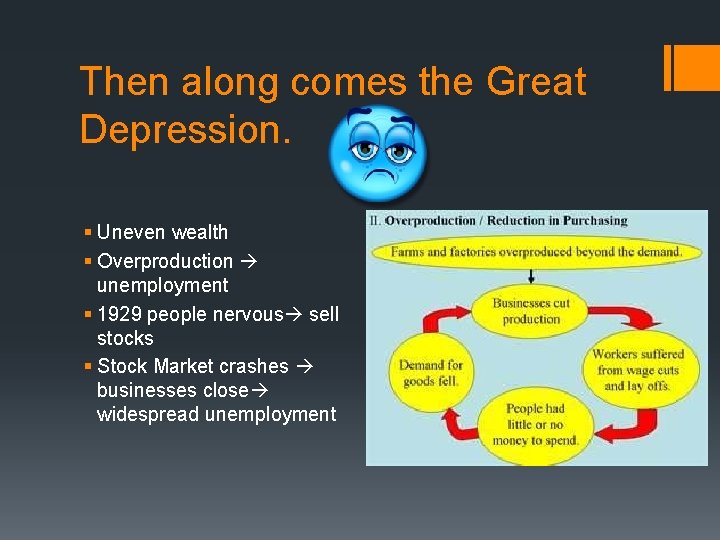 Then along comes the Great Depression. § Uneven wealth § Overproduction unemployment § 1929