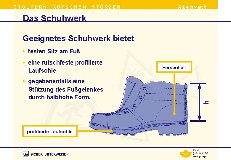 STOLPERN RUTSCHEN STÜRZEN Arbeitsblatt 8 Das Schuhwerk Geeignetes Schuhwerk bietet • festen Sitz am