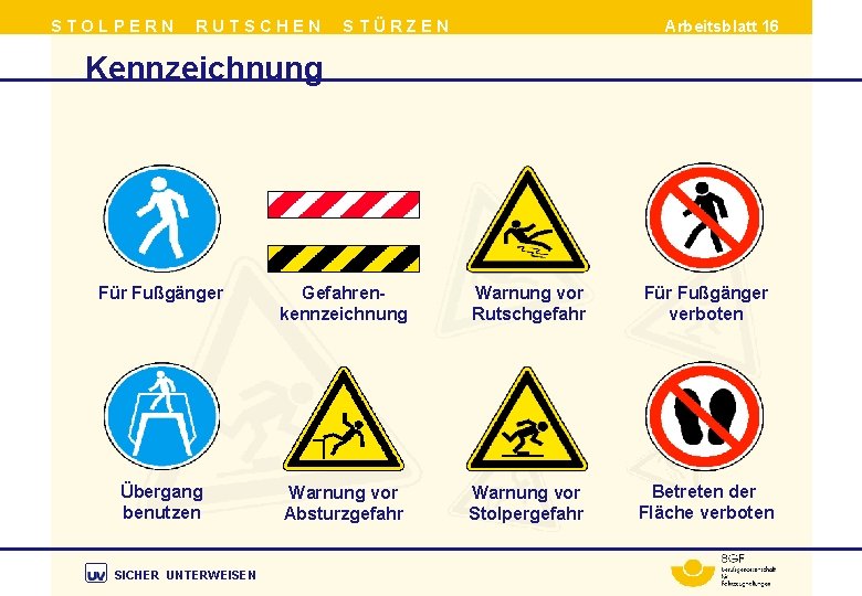 STOLPERN RUTSCHEN STÜRZEN Arbeitsblatt 16 Kennzeichnung Für Fußgänger Gefahrenkennzeichnung Warnung vor Rutschgefahr Für Fußgänger