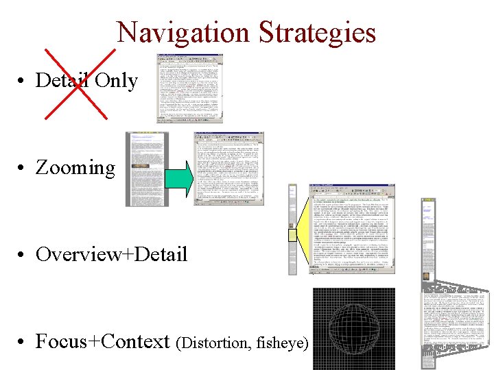 Navigation Strategies • Detail Only • Zooming • Overview+Detail • Focus+Context (Distortion, fisheye) 