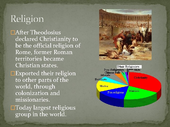 Religion �After Theodosius declared Christianity to be the official religion of Rome, former Roman Religion �After Theodosius declared Christianity to be the official religion of Rome, former Roman