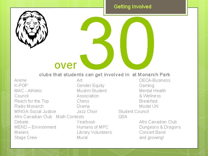 30 Getting Involved over clubs that students can get involved in at Monarch Park