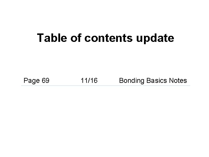 Table of contents update Page 69 11/16 Bonding Basics Notes 