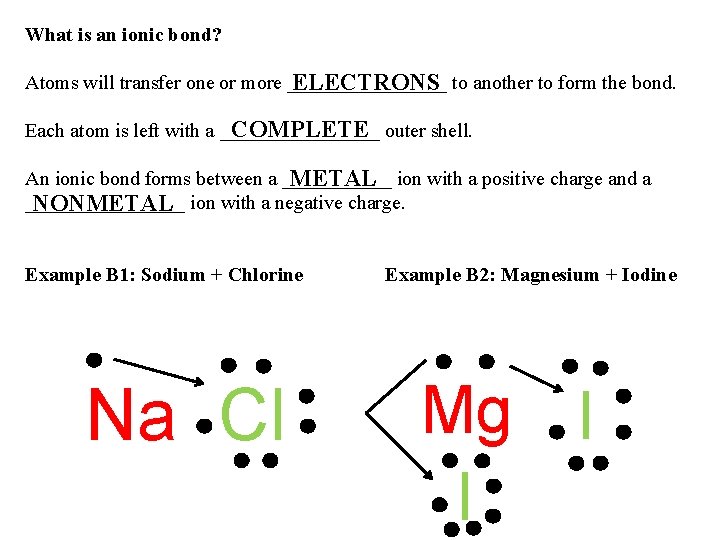 What is an ionic bond? Atoms will transfer one or more ________ ELECTRONS to