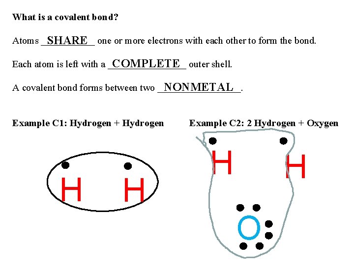 What is a covalent bond? Atoms ______ SHARE one or more electrons with each