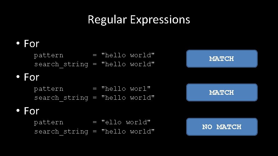 Regular Expressions • For pattern = "hello world" search_string = "hello world" MATCH •