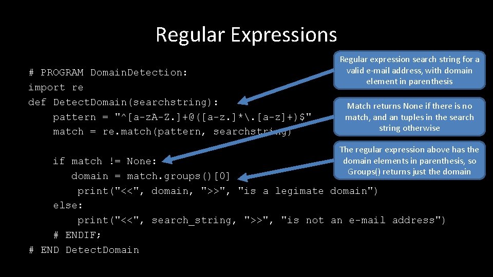 Regular Expressions # PROGRAM Domain. Detection: import re def Detect. Domain(searchstring): pattern = "^[a-z.