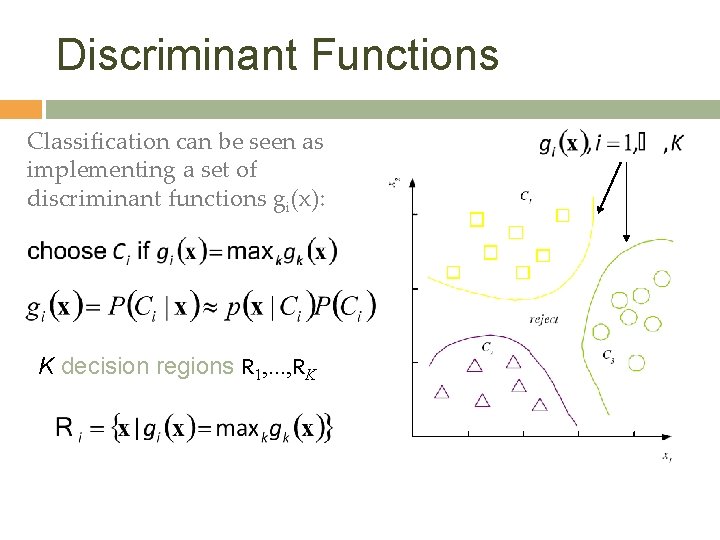 Discriminant Functions Classification can be seen as implementing a set of discriminant functions gi(x):