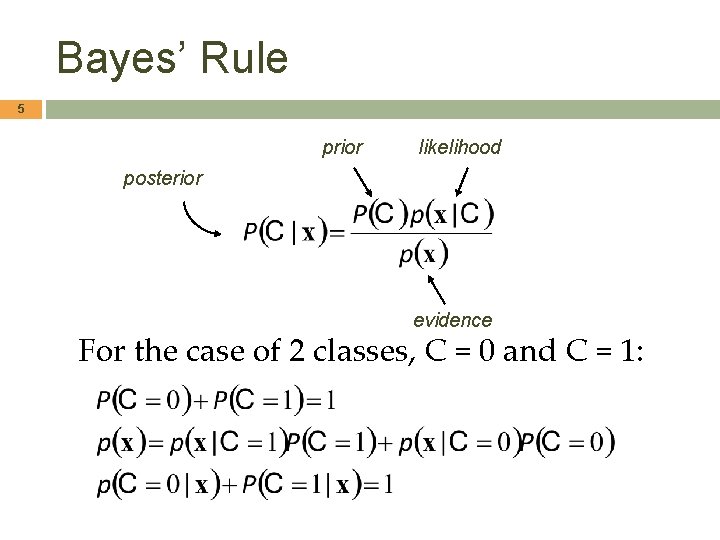 Bayes’ Rule 5 prior likelihood posterior evidence For the case of 2 classes, C